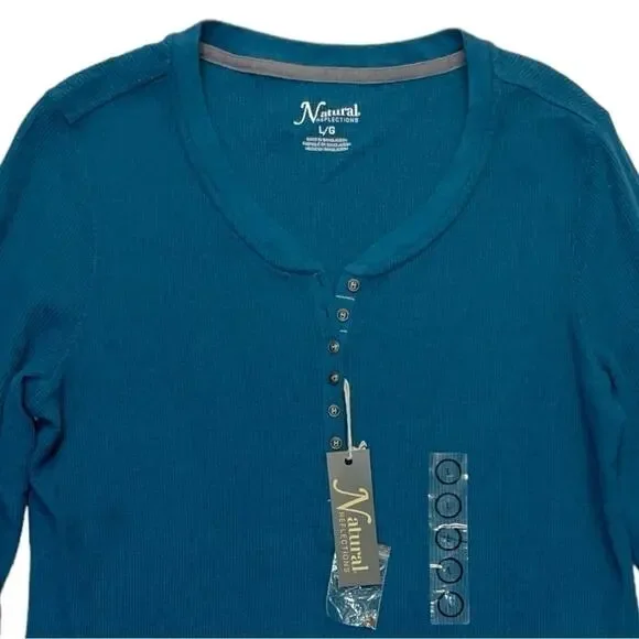 Natural Reflections Thermal Henley Top long sleeve Blue Coral waffle Size Large - Picture 2 of 6